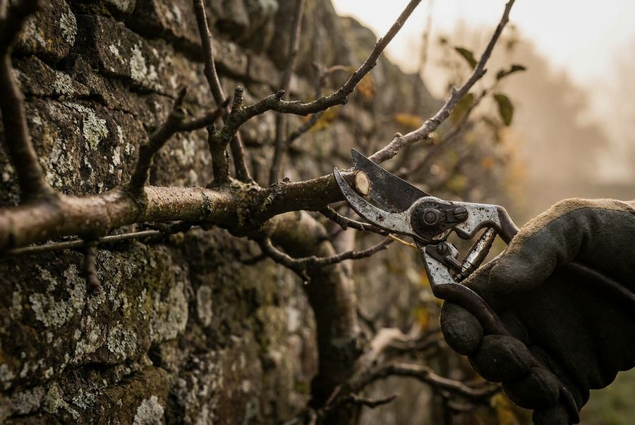 Pruning an espaliered tree against a stone wall